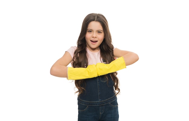 Confident cleaner girl wear gloves in studio photo of cleaner girl with gloves cleaner girl