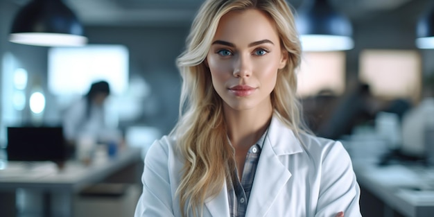 自信と思いやりに満ちた現代のクリニックのかわいい女性医師 プロフェッショナルな服装 温かい笑顔 高度な医療現場 ジェネレーティブ AI