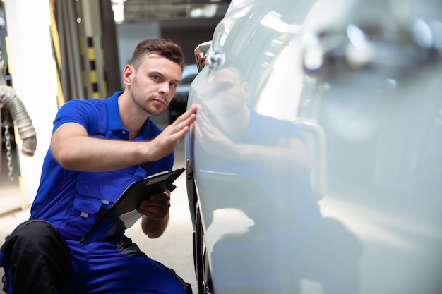 Foto fiducioso e concentrato, uno specialista di riparazioni auto giovane ed esperto con un tablet in mano ispeziona e diagnostica l'auto per guasti