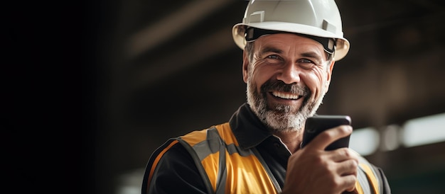 Photo confident construction manager at site with smartphone and copy space