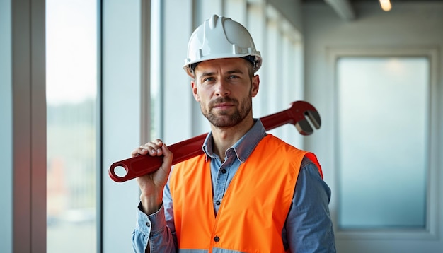 confident construction worker carries a wrench inside a modern building during the daytime