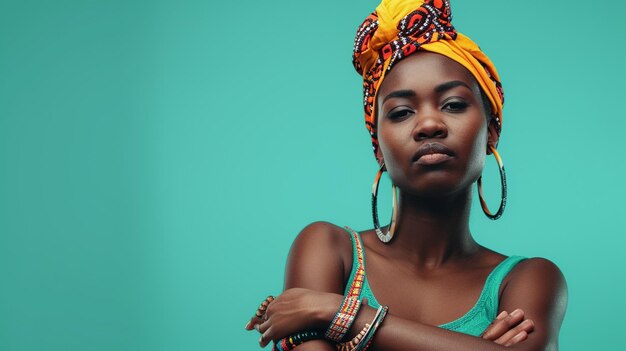 자신감 이 있고 결단력 있는 서아프리카 여자 는 단단 한 배경 에 고립 되어 있다