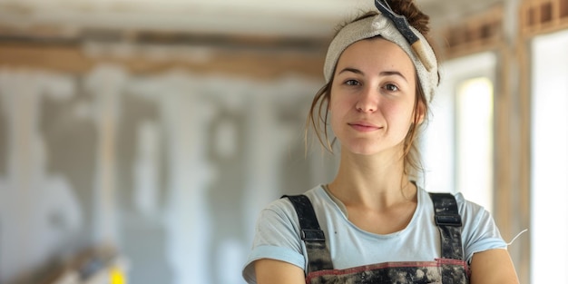 Photo confident diy young woman with a headband holding a tool ready to work