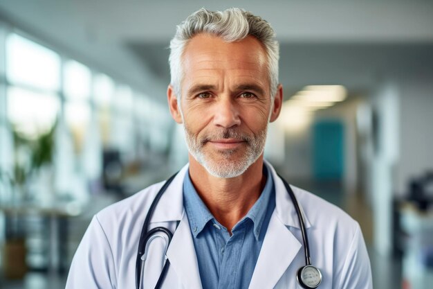 Confident doctor man in a white medical coat with stethoscope around his neck looking at the camera Middle aged senior male professional