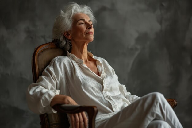 Confident Elderly Caucasian Woman with Gray Hair Sitting on a Modern Sofa at Home