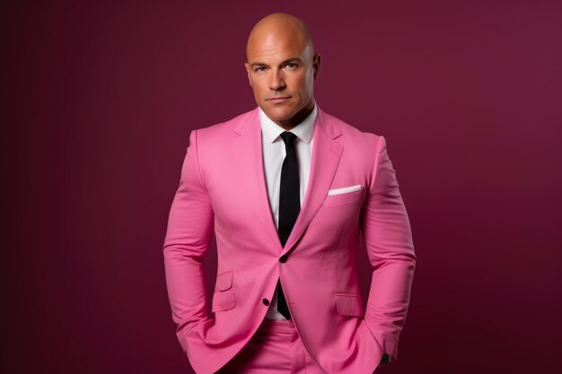 A Confident and Engaging Bald Man in a Pink Suit Black Tie and White Shirt