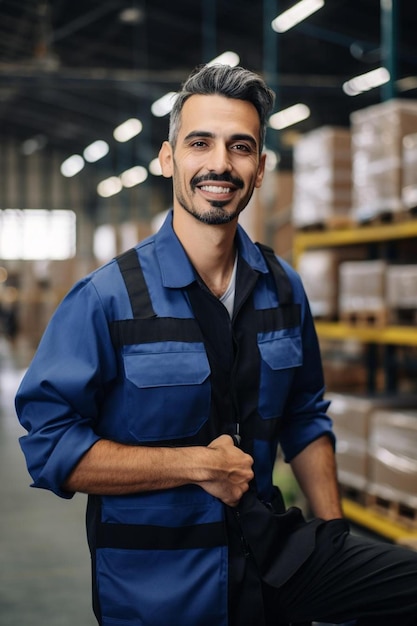 confident engineer in blue jumpsuit holding laptop computer in a warehouse