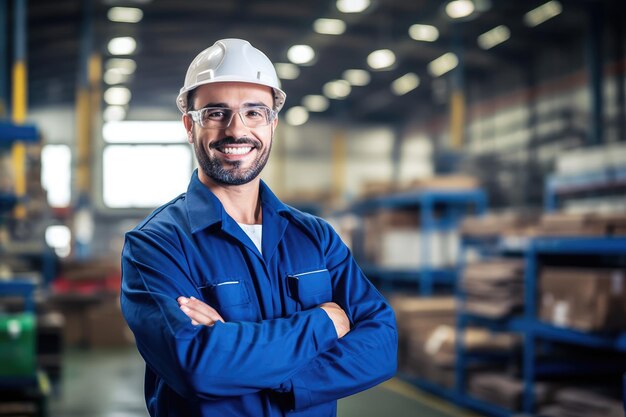 Confident engineer in blue jumpsuit with hard hat smling in the warehouse