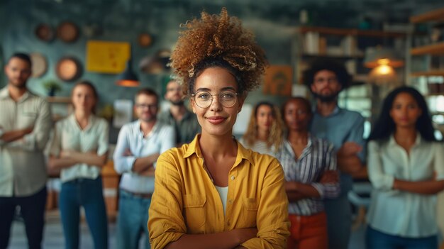 Foto imprenditore fiducioso che ispira un team diversificato in uno spazio di lavoro creativo