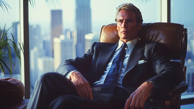 Photo confident executive in elegant suit lounging in office chair with city skyline view professional