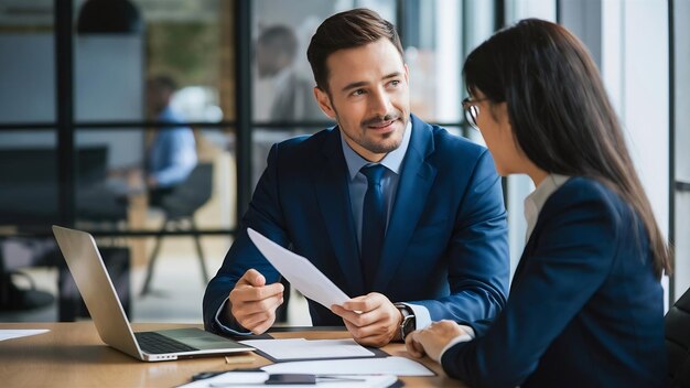 Confident executive explaining documents to secretary