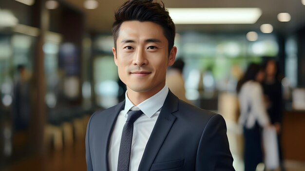 Confident executive Young man in suit smiles brightly in his office space