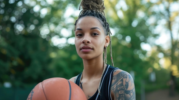 Photo confident female basketball player holding ball outdoors