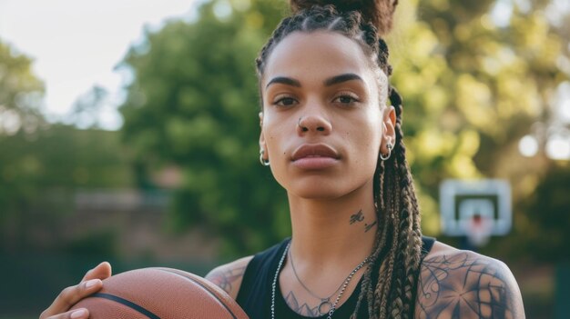 Photo confident female basketball player holding ball outdoors