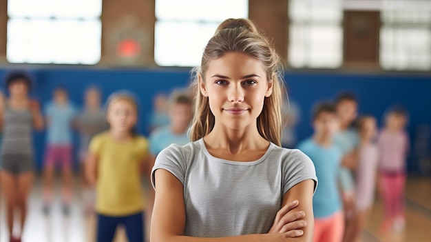 Уверенная женщина-тренер во время урока физкультуры в школьном спортзале