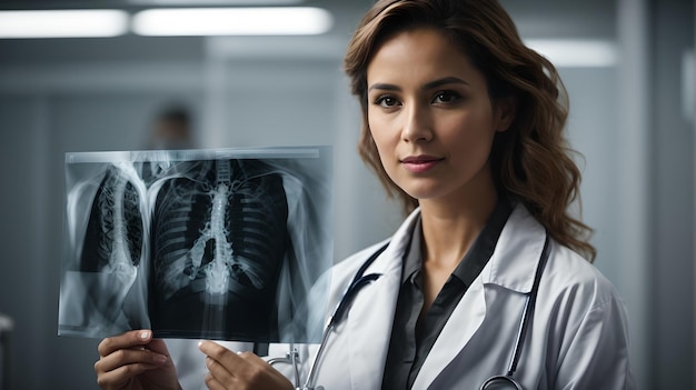 Confident female doctor analyzing a chest xray in hospital setting with intent gaze AI