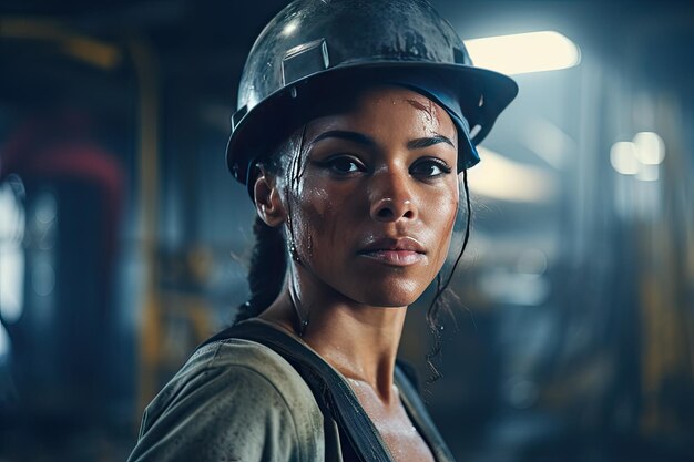 Confident Female Engineer in Hard Hat at Industrial Facility