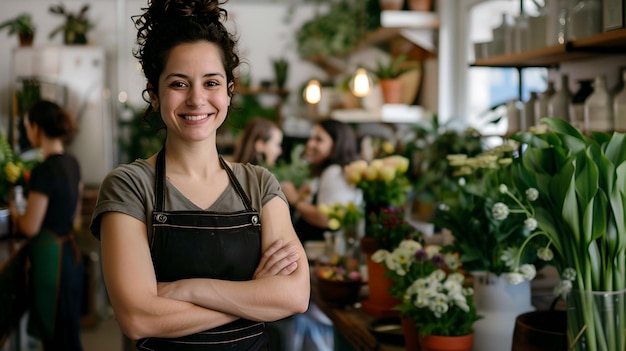 Confident female entrepreneur in a flower shop arms crossed smiling Natural light modern style professional and friendly atmosphere Ideal for small business promotion AI
