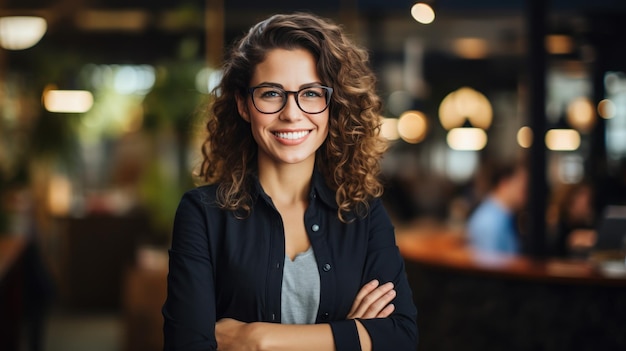 Confident female entrepreneur standing with arms crossed and smiling at camera