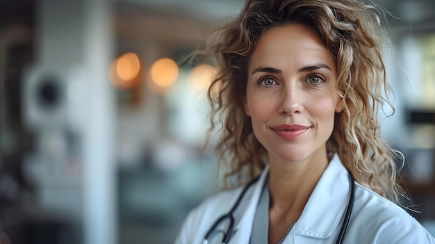 臨床環境での自信のある女性医療従事者 ⁇ 慈悲深い視線を持つ医師の肖像画