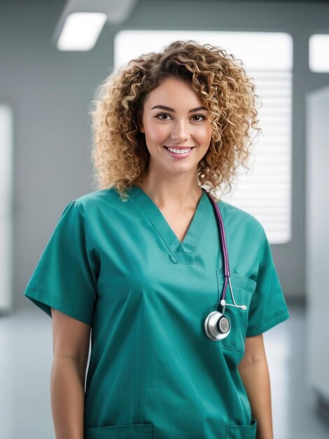 Photo confident female healthcare professional smiling in scrubs with colleagues in background