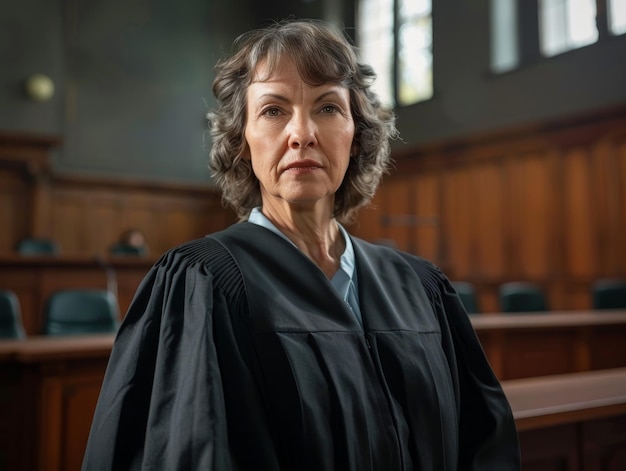 Photo confident female judge in a courtroom