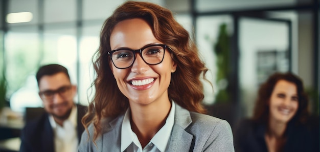 Photo confident female leader with team at office