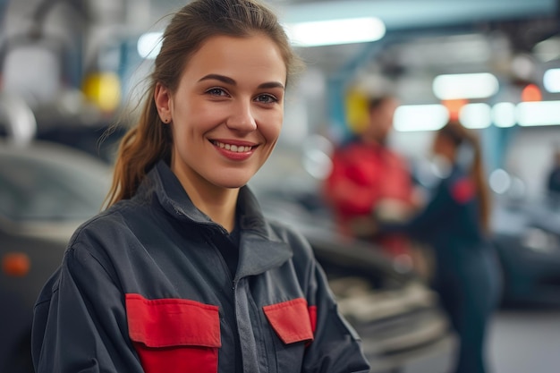 자동차 를 수리 하는 동안 자신감 있는 여성 기계공 이 미소 짓는 것