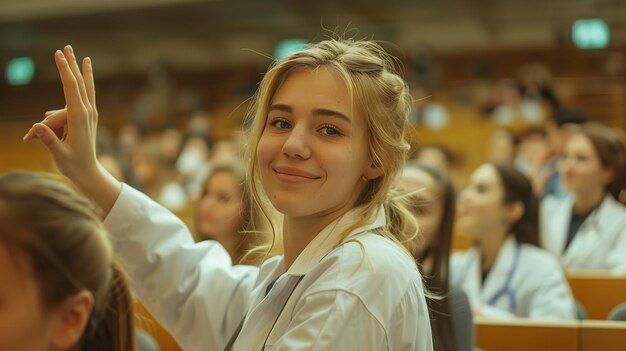 Foto una studentessa di medicina fiduciosa ha alzato la mano in tutta la classe con uno sfondo sfocato e un grande spazio per testo o prodotto ai generativa