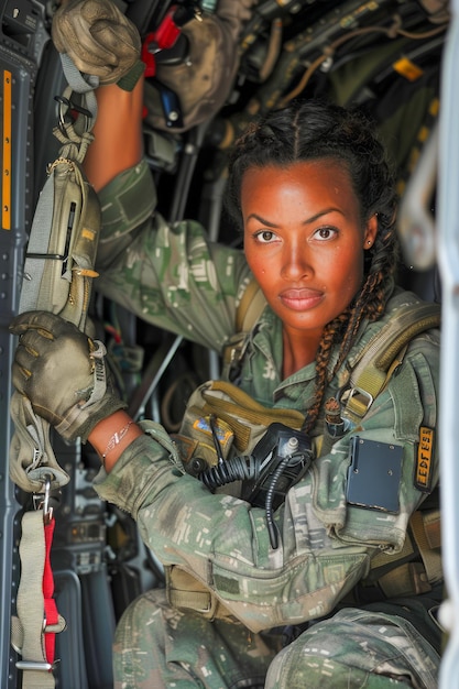 유니폼 을 입은 전문 조종사 인 제트 항공기 의 조종실 에서 자신감 있는 여성 군사 조종사