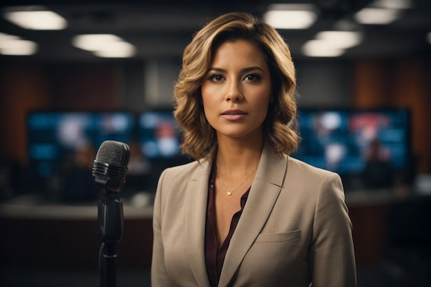 confident female news anchor stands in a studio near camera professional dressed