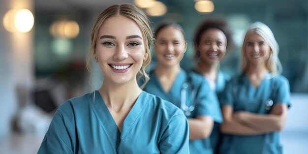 Foto infermiera sicura di sé con abiti blu che sorride alla telecamera con i colleghi in fondo all'ospedale