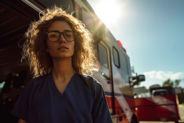 Confident female paramedic by ambulance at sunset