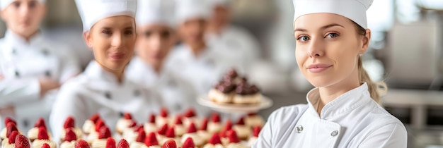 Foto una confidente pasticciera in piedi con orgoglio nella sua panetteria artigianale a mostrare la sua competenza