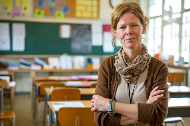 Confident female teacher standing in a classroom with arms crossed smiling at the camera with educational posters in the background
