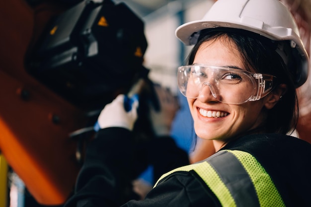 Confident female technician engineer worker checking and inspecting machine at factory