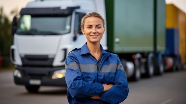 Foto un camionista donna fiduciosa in piedi di fronte al camion