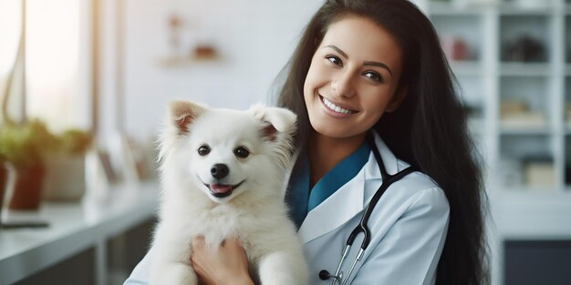 Photo confident female veterinarian caring for dog