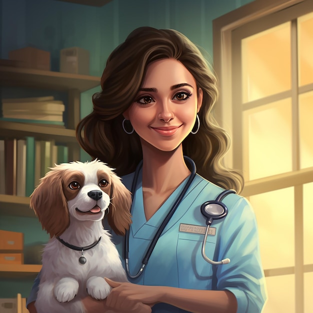 Photo confident female veterinarian caring for dog