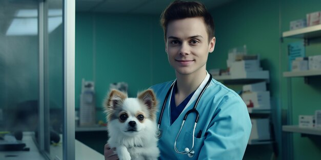 Photo confident female veterinarian with dog