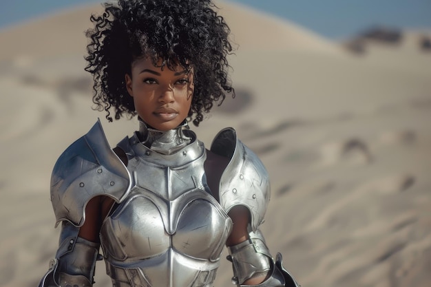 Confident female warrior in armor standing in a desert