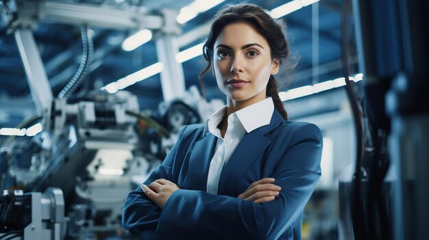 Confident female worker skillfully operating machinery in a modern automotive manufacturing