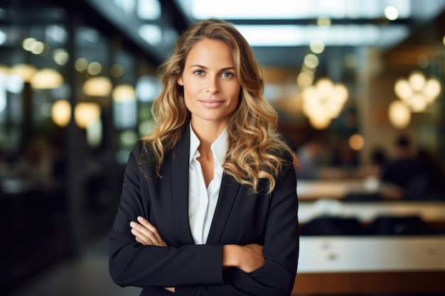 Confident and Focused Businesswoman in Modern Office Showcasing Distinctive Professionalism