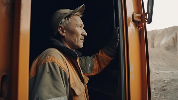 Confident foreman in bright jacket and safety helmet stands on building site against caterpillar vehicle Generative AI