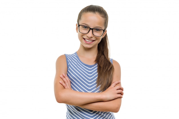 Confident girl student in glasses with arms crossed