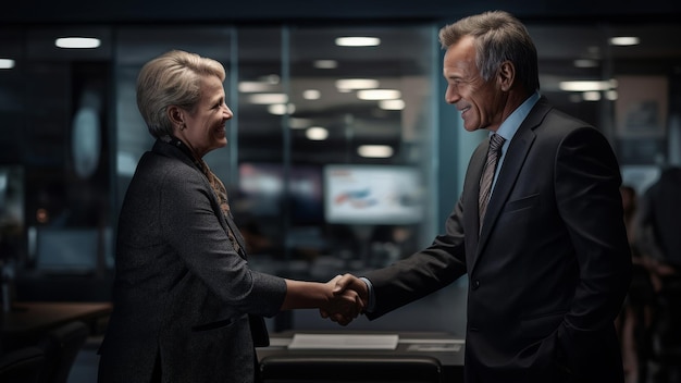 Confident handshake between smiling business professionals in a sleek office