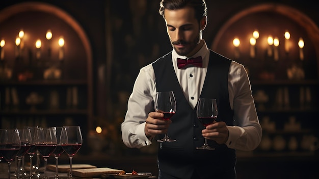 自信のあるハンサムな男性ソメリエ思慮深い若いソメリェはワインセラーの透明なガラスに注がれた赤ワインの味と品質をチェックしています
