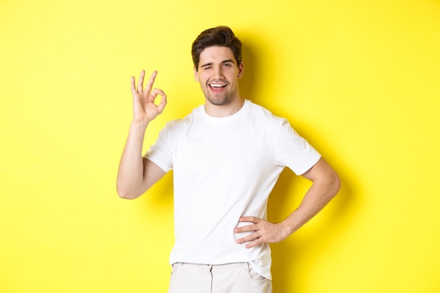 Confident handsome man winking, showing okay sign in approval, like something good, standing over yellow wall