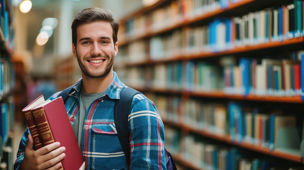 Уверенный в себе красивый студент с книгами и улыбается на книжных полках библиотеки камеры на фоне обучения и концепции образования