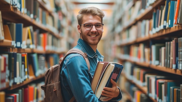 Уверенный в себе красивый студент с книгами и улыбается на книжных полках библиотеки камеры на фоне обучения и концепции образования